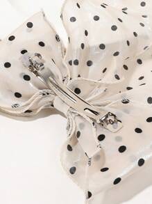 1pc Beige Polka Dot Print Mesh Oversized Bow Hair Clip With Wave Ribbon, Spring Elegant And Gentle Hair Accessory Valentine's Day, School Stuff, College