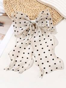 1pc Beige Polka Dot Print Mesh Oversized Bow Hair Clip With Wave Ribbon, Spring Elegant And Gentle Hair Accessory Valentine's Day, School Stuff, College