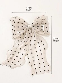 1pc Beige Polka Dot Print Mesh Oversized Bow Hair Clip With Wave Ribbon, Spring Elegant And Gentle Hair Accessory Valentine's Day, School Stuff, College