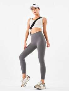 Yoga Trendy Leggings De Deporte Con Diseño De Color Sólido, Control De Barriga, Mallas De Entrenamiento - Gris - Ver 4