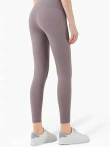 Yoga Trendy Leggings De Deporte Con Diseño De Color Sólido, Control De Barriga, Mallas De Entrenamiento - Gris - Ver 6