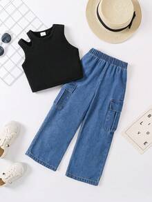 Conjunto de ropa de niña joven con pantalones de mezclilla frescos y blusa a la moda con hombros descubiertos, 2 piezas - Azul - Ver 1