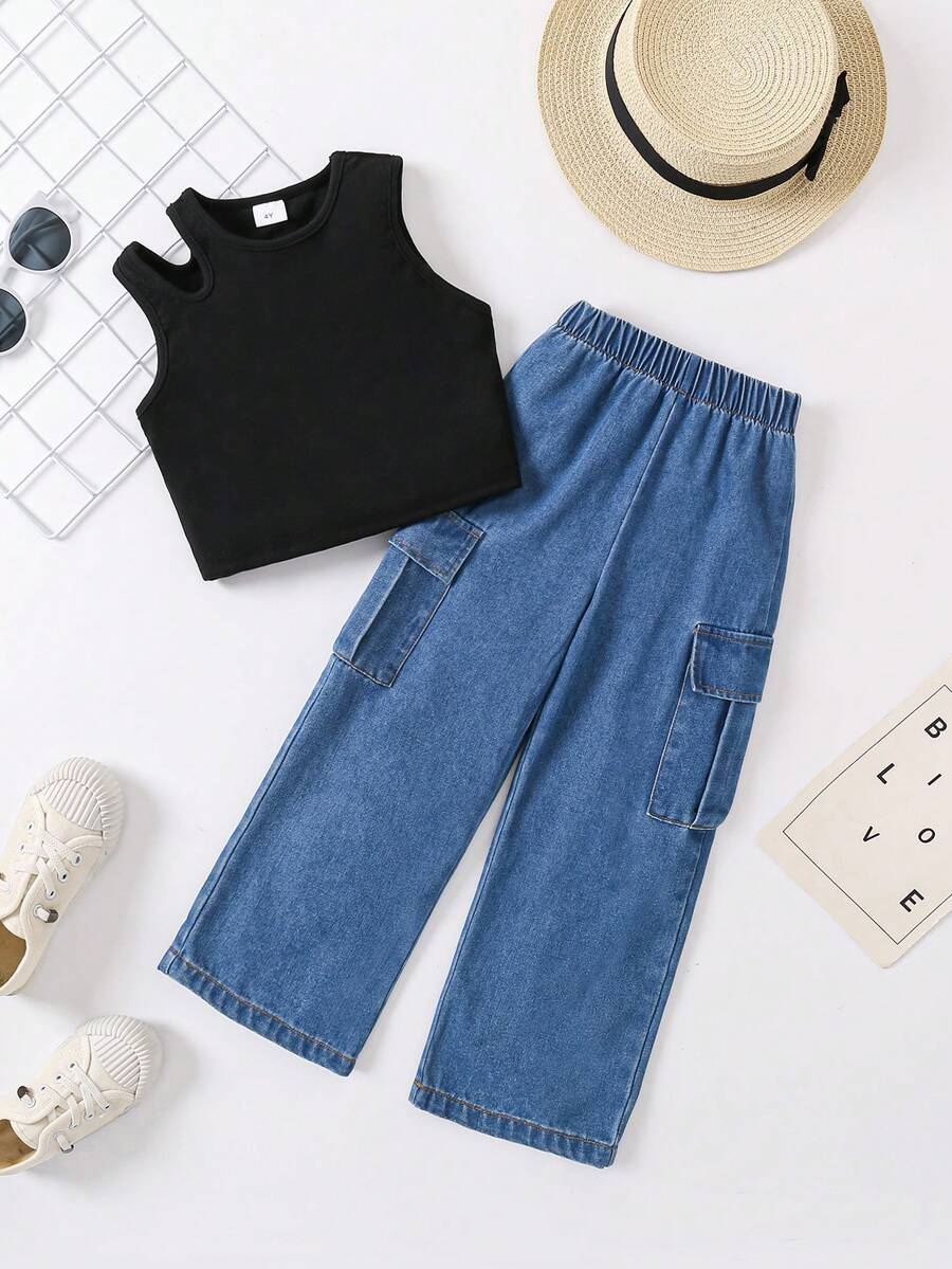 Conjunto de ropa de niña joven con pantalones de mezclilla frescos y blusa a la moda con hombros descubiertos, 2 piezas - Azul - Ver 1