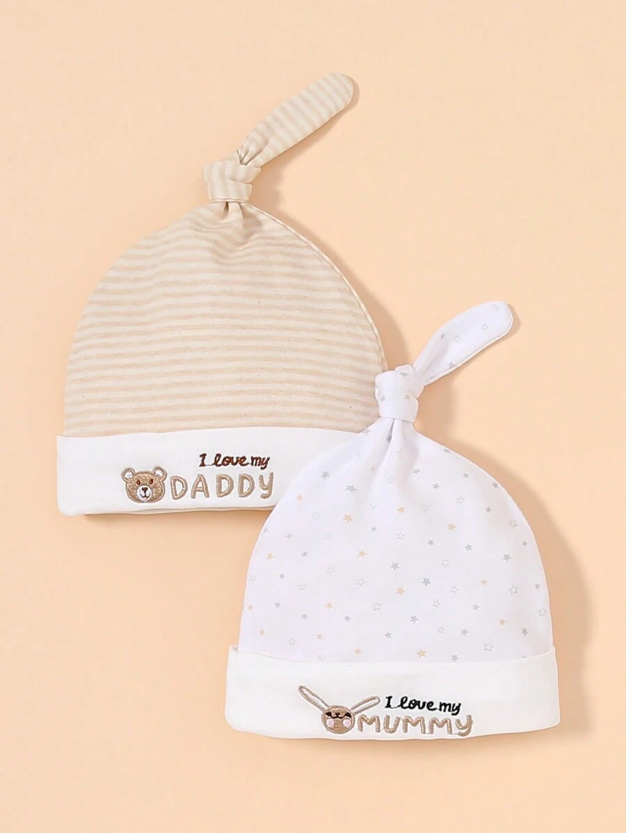 2pcs Love Mom Dad Rabbit & Bear Valentine's Day Embroidered Print Soft Newborn Baby Hat, Cute Unisex Infant Beanie Cap Gift
