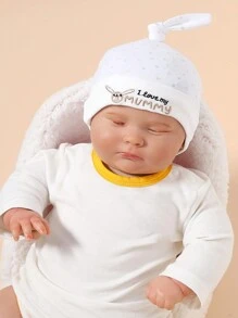 2pcs Love Mom Dad Rabbit & Bear Valentine's Day Embroidered Print Soft Newborn Baby Hat, Cute Unisex Infant Beanie Cap Gift