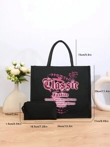 2入組黑色字母手提袋，簡約大容量手提袋，輕盈透氣且耐用，適用於各種場景，無論是日常通勤，街頭漫步，還是近郊露營，野餐聚會，獨特印花設計，讓您成為旅途中的美麗風景 - 黑色 - 查看 5