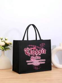 2入組黑色字母手提袋，簡約大容量手提袋，輕盈透氣且耐用，適用於各種場景，無論是日常通勤，街頭漫步，還是近郊露營，野餐聚會，獨特印花設計，讓您成為旅途中的美麗風景 - 黑色 - 查看 3