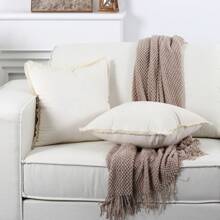 Funda de cojín decorativa de terciopelo de unicolor con decoración de flecos - Beis - Ver 4
