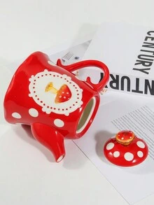 陶瓷紅色蘑菇造型茶壺，配彩釉，INS風格設計，適用於家庭、會所、派對使用 - 彩色 - 查看 4