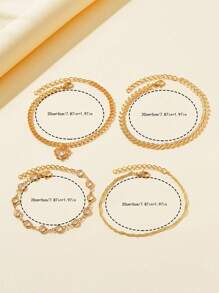 Bộ 4 chiếc/Bộ Lắc chân nhiều lớp hình trái tim đơn giản thời trang đính đá Cubic Zirconia cho nữ, số lượng đá quý ngẫu nhiên ngày lễ tình nhân - Vàng - Xem 3