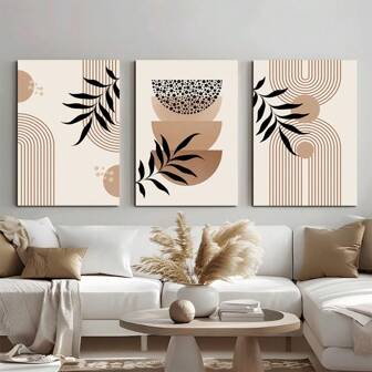 Set Of 3 Boho Style Black Beige Mid-Century Abstract Painting Botanical Geometry Boho Art Poster Canvas Print Modern Creative Wall Picture For Living Room,Bedroom,Office Room,Home Decoration,No Frame