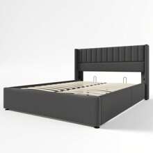 KOMHTOM KOMHTOM Upholstered Bed, Hydraulic Double Bed, Storage Bed With Headboard And Slatted Frame, Bed Linen, 160x200 Cm, With Mattress, Storage Bed, Upholstered Bed, Hydraulic Double Bed 160x200cm, Wooden Slatted Frame, Bed With Slatted Frame Made Of Metal Frame, Linen, Grey (With Mattress)