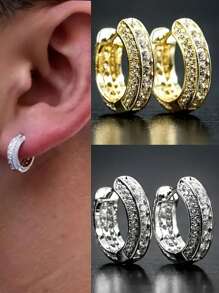 1 Pair Of New Men's Earrings, HOOP Rhinestone Earrings, Hip-Hop Style, Copper Material Inlaid With Rhinestones Craft Classic Ear Buckle, Personalized Ear Accessories