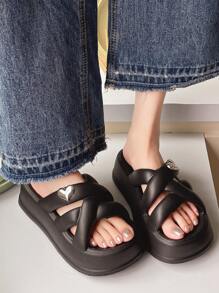 Dicke Kreuzband EVA Hausschuhe für Frauen, Anti-Rutsch Straßenmode für Outdoor, schwarz, mit keilförmigen Absatz und wasserdichter Plattform-Design