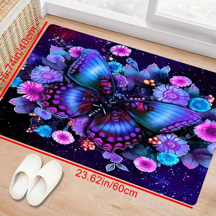 1pc AntiFatigue Mat, Purple Butterfly Printed Carpet With Colorful