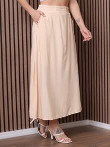 saia midi feminina de viscolinho com bolso e forro - Bege - Visão 3