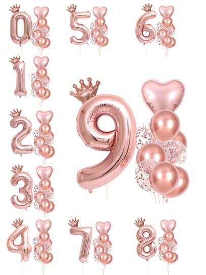 13pcs Rose Gold Number Crown Balloon Set For Birthday Party Decor,