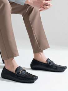 SHOESMALL Men's Metal Decor Black Casual Loafers Crocodile Printed Slip On Shoes  Penny Leisure Round Toe Flat Shoes For Outdoor Manfinity Unisex - AMY3044A-黑色 - 查看 4