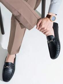 SHOESMALL Men's Metal Decor Black Casual Loafers Crocodile Printed Slip On Shoes  Penny Leisure Round Toe Flat Shoes For Outdoor Manfinity Unisex - AMY3044A-黑色 - 查看 6