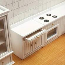 1/12 Scale Wooden Dollhouse Miniature Kitchen Furniture Set - Includes Cabinet, Refrigerator, Stove, Sink And Counter, Suitable For Decorative Dollhouse, Pink Color