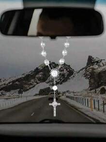 1 pieza Decoración de espejo retrovisor de coche con cruz de diamantes de imitación plateada, elegante colgante con cuentas como adorno de coche