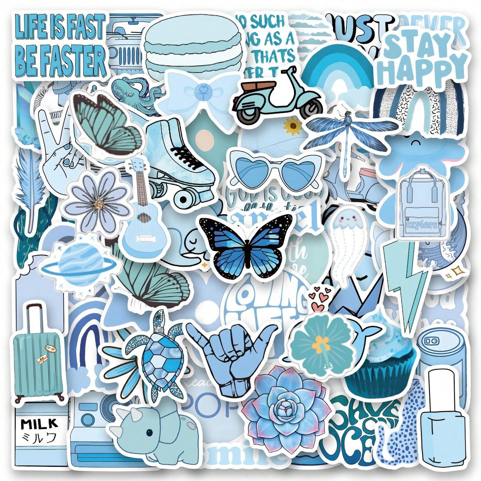 115Pcs Danish Pastel Blue Stickers, Vinyl Blue Aesthetic Graffiti