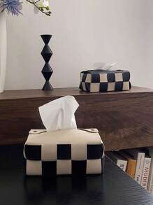 CMYD Studio 1pc Black And White Checkered Paper Towel Holder Luxury Chic Dining Table Tissue Box Vintage Woven Paper Napkin Dispenser For Kitchen Bathroom Home Decor Elegant Storage Organizer - Multicolor - View 6