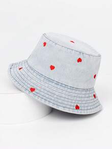 1 pieza Sombrero de cubo bordado para niños, de moda, casual, con protección solar y efecto desgastado, adecuado para actividades al aire libre y uso diario. - Celeste - Ver 3