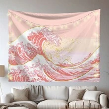 1pc Polyester Fabric Wave Printed Tapestry, Suitable For Living Room, Bedroom, Office Wall Decoration, Home Party Decoration, Rectangular Decoration Cloth With Hanging Feeling For Kitchen Wall, Comes With 3 Wall Nails And 2 Clips As Gifts, Flag For Room, Room Decor, Tapestry, Wall Art ,Room Stuffs, Flags For Room, Home Decor, Tapestri, Wall Tapestry, Pink Tapestry