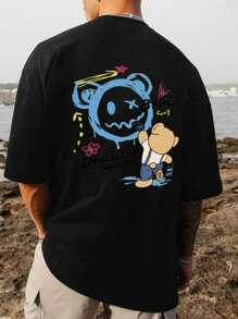 MURAMASA Men Cartoon Letter Print Drop Shoulder T-Shirt - 黑色 - 查看 1