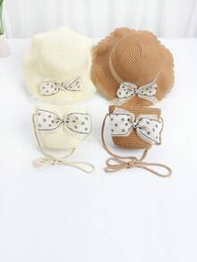 2入組女孩帽子和包套裝，包括可愛的公主波點草帽和公主包，適合日常穿著、夏日出行和海灘，防曬 - 點點蝴蝶結 - 查看 6