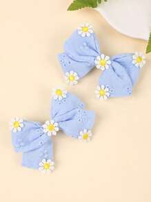 2 件装女童雏菊发饰，可爱花朵装饰蝴蝶结发夹，蓝色刺绣花朵发夹，全衬里，儿童婴儿发饰，爱心情人节 - 藍色 - 查看 6
