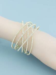 歐美誇張輕奢6層全水鑽十字鋼絲彈性開口手鍊鍍銀爪鏈個性手飾 - 銀色 - 查看 7