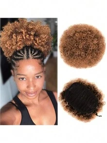 Afro Black Exploding Head Wig Hair Buns Fluffy Marble Head Drawstring Ponytail High Temperature Silk Wig Hair Buns - Brown - View 1