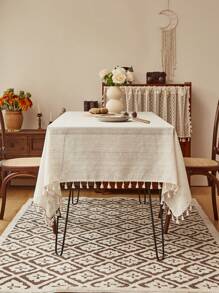 Mantel de lino grueso con rayas y borlas, decoración de cubierta de mesa de estilo rural - Beis - Ver 8