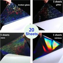 20/40 piezas Pegatinas holográficas, película holográfica de vinilo transparente autoadhesiva e impermeable, tamaño A4, 4 estilos surtidos de arcoíris estrellado y brillo de cristal