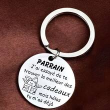 1pc Stainless Steel Godfather Keychain, French Engraved Text, Handprint Pendant, Round Ring With Engraved Text Christmas Gift Ideas - Silver - View 7