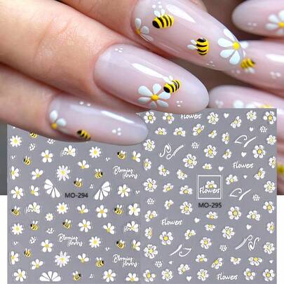 2 Sheets Cartoon Bee Daisy Summer Nail Art Stickers Decals White Daisy Floral Cute Bee Mixed Flower Petal Design 3D Self Adhesive Nail Stickers DIY Decoration For Salon Manicure Accessories Nails Nail Supplies