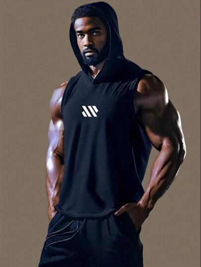 男友风男士连帽无袖运动上衣，肌肉印花，适合健身、跑步、速干、马拉松、休闲外出等场合。