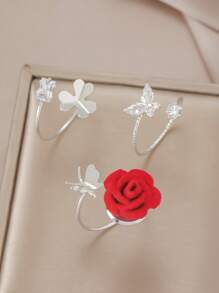 3pcs Flower & Butterfly Decor Ring Valentines,Mom,Mother,Mother's Day,Gift - Red - View 9