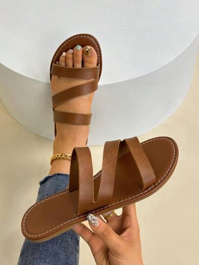 Women's Summer Flat Soft Bottom Slippers, Lightweight & Comfortable Daily Wear Slip-On Slides, Women's Beach Sandals, Platform Brown Slides, Sand Beach Sandals, Thick-Soled Flat Slip-On Shoes For Women, Simple And Modest Brown Flat Slippers For Women