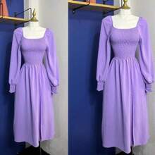 Vestido coquette con resorte manga larga abertura en la pierna sexy juvenil moda - Lila Púrpura - Ver 1