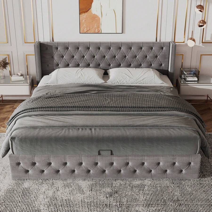 KOMHTOM Cama tapizada en forma de oreja con doble hilera de remaches de franela, costuras con botones en cabecera y pies, cama doble 140*200 Cama funcional hidráulica La parte inferior de la cama es de tela no tejida negra que repele la suciedad, gris, cama tapizada, cama doble hidráulica, canapé, terciopelo, 140*200cm - Gris - Ver 1