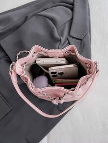 女性時尚鏈帶桶包，肩背包 - 粉色 - 查看 10