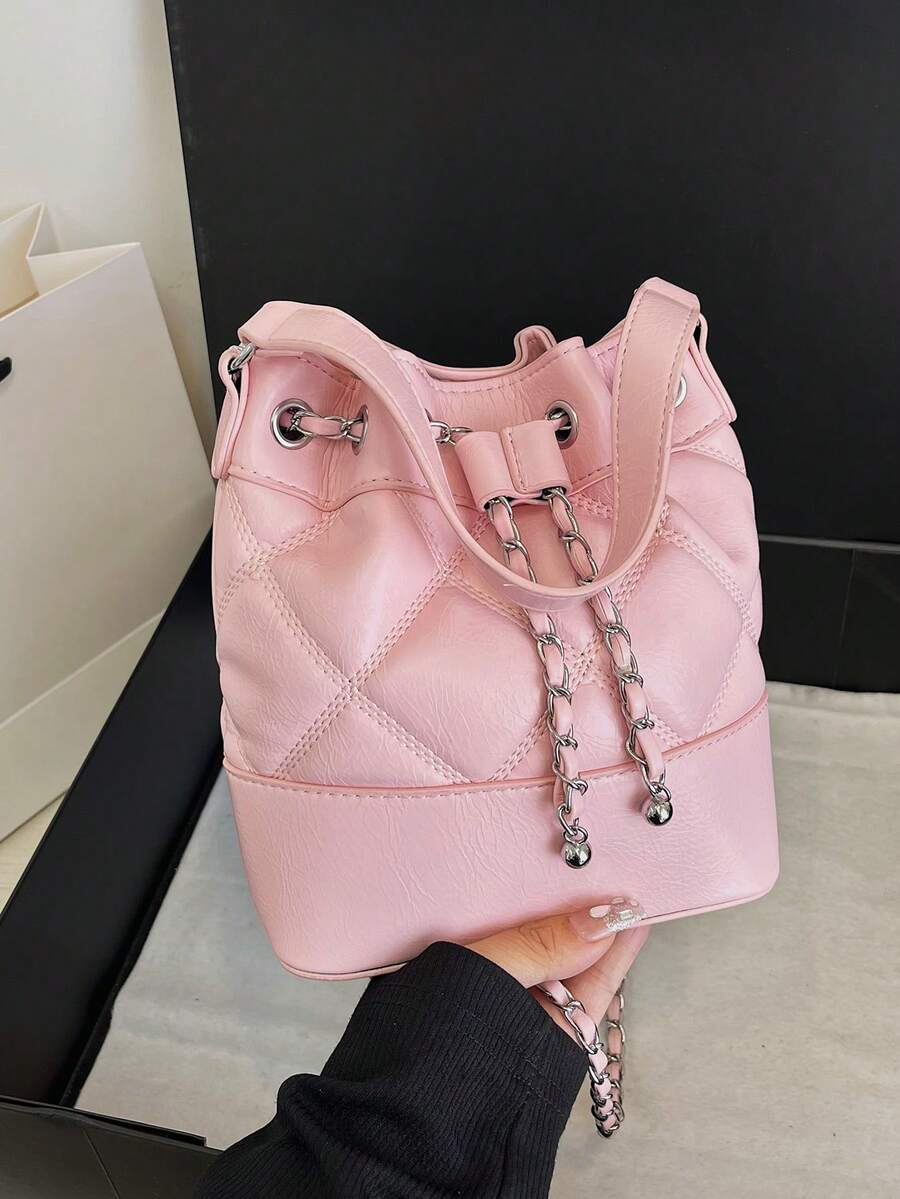 女性時尚鏈帶桶包，肩背包 - 粉色 - 查看 1