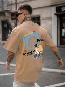 MURAMASA Men Cartoon Letter Print Drop Shoulder T-Shirt - 卡其色 - 查看 1