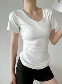 Áo thun cổ chữ V trơn, áo ngắn tay thường ngày cho mùa xuân hè, tay áo ngắn co giãn thoải mái, quần áo bé gái - trắng - Xem 5
