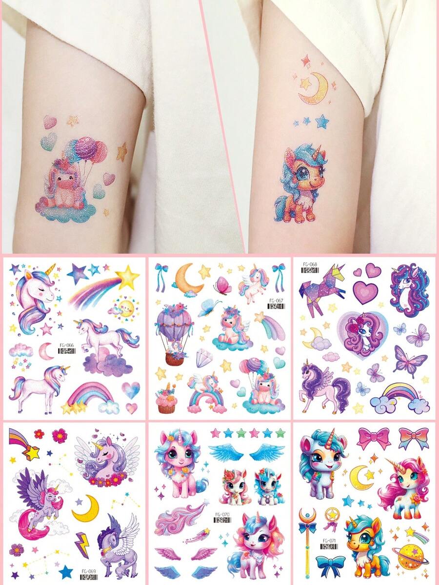 6入組閃爍可愛獨角獸暫時性紋身貼紙,閃亮風格防水紋身貼紙,適用於生日派對裝飾、假紋身,也是給朋友和家人最好的禮物,覆蓋彩虹雲翼和其他圖案,可保持2-5天,適用於臉部、腿部、手臂等位置 - 彩色 - 查看 1