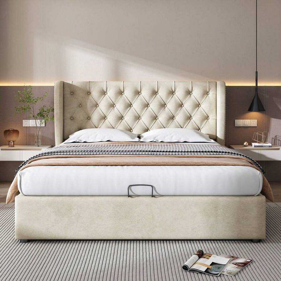 KOMHTOM Polsterbett, Doppelbett mit ohrförmigem Kopfteil,Stauraumbett, 180*200cm - Beige - Übersicht 1