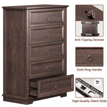 47.3" H Dressers Chest Of Drawers, Double Anti-Tip, 5 Drawers Dresser For Bedroom, Tall Dresser For Closet, Wood Vintage Dresser, Dresser Organizer For Bedroom, Living Room, Hallway